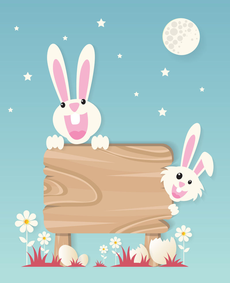 复活节快乐，兔子和带木头标志的鸡蛋，纸艺术
