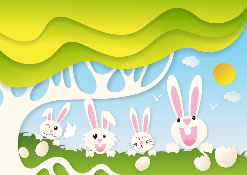 复活节快乐，有自然背景的兔子和鸡蛋，纸艺术