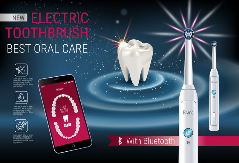 电动牙刷广告。矢量3D插图与活力刷和手机屏幕上的移动牙科应用程序。