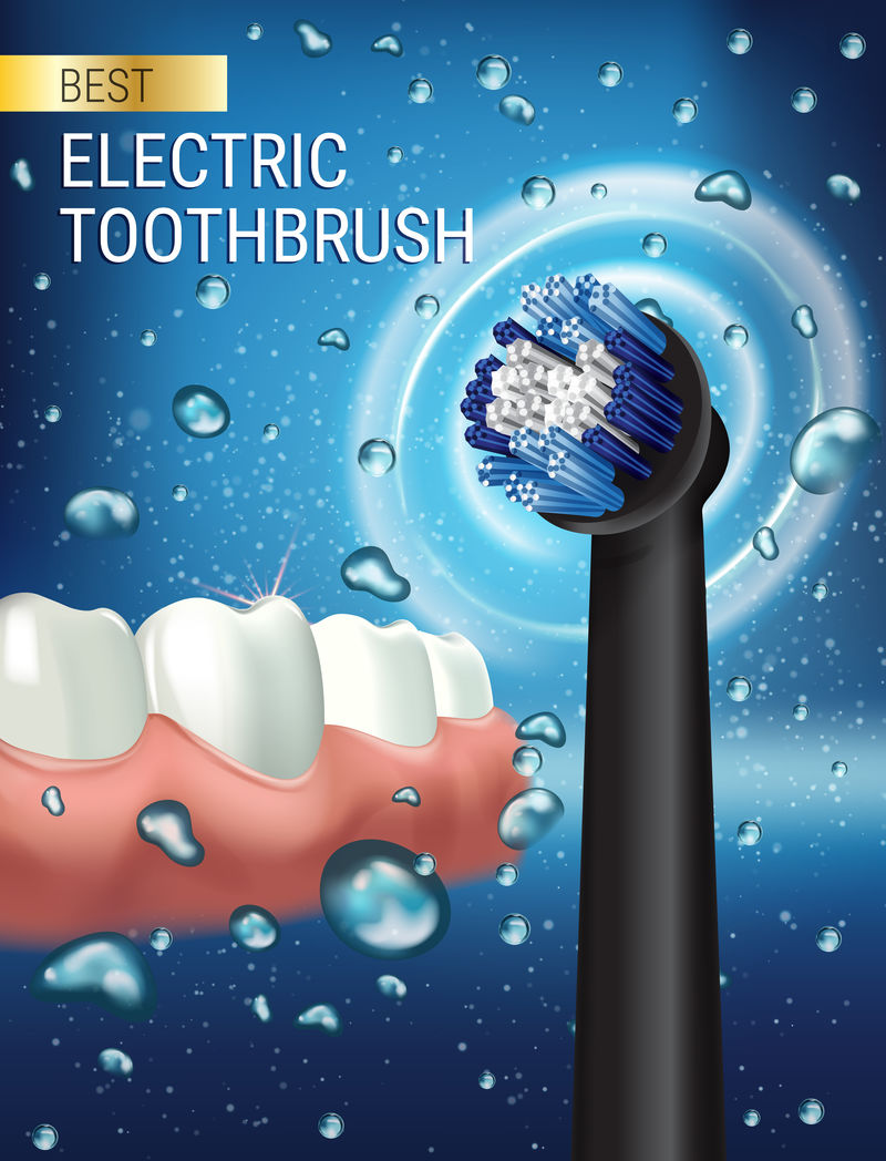电动牙刷广告。矢量三维插图与生机勃勃的刷子，口香糖和牙齿。