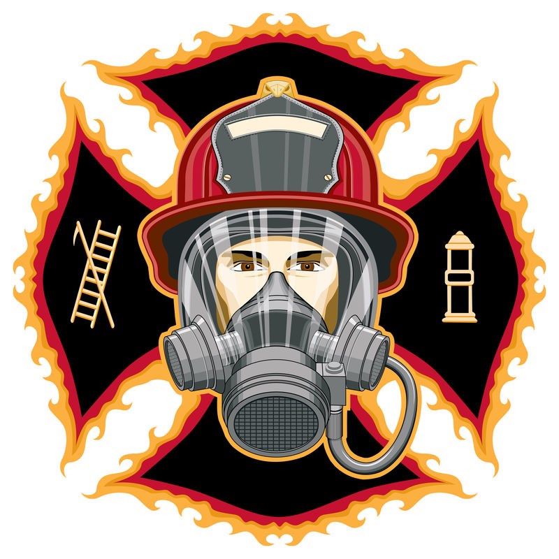 戴着面罩和斧头的消防员是一个在十字架前戴着头盔和面罩的消防员的头部的插图