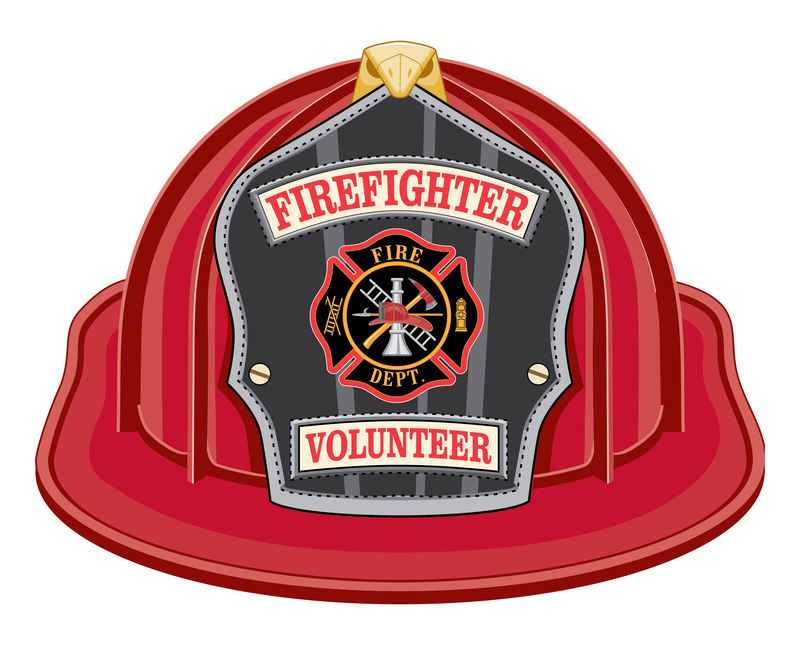 消防员志愿者红色头盔是一个红色消防员头盔或消防员帽子的插图-从前面有一个盾牌-马耳他十字架和消防员工具标志