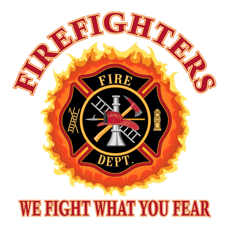 消防队员我们战斗你害怕的是一个消防部门或消防队员马耳他交叉标志设计与火焰和文字我们战斗你害怕-包括消防员标志