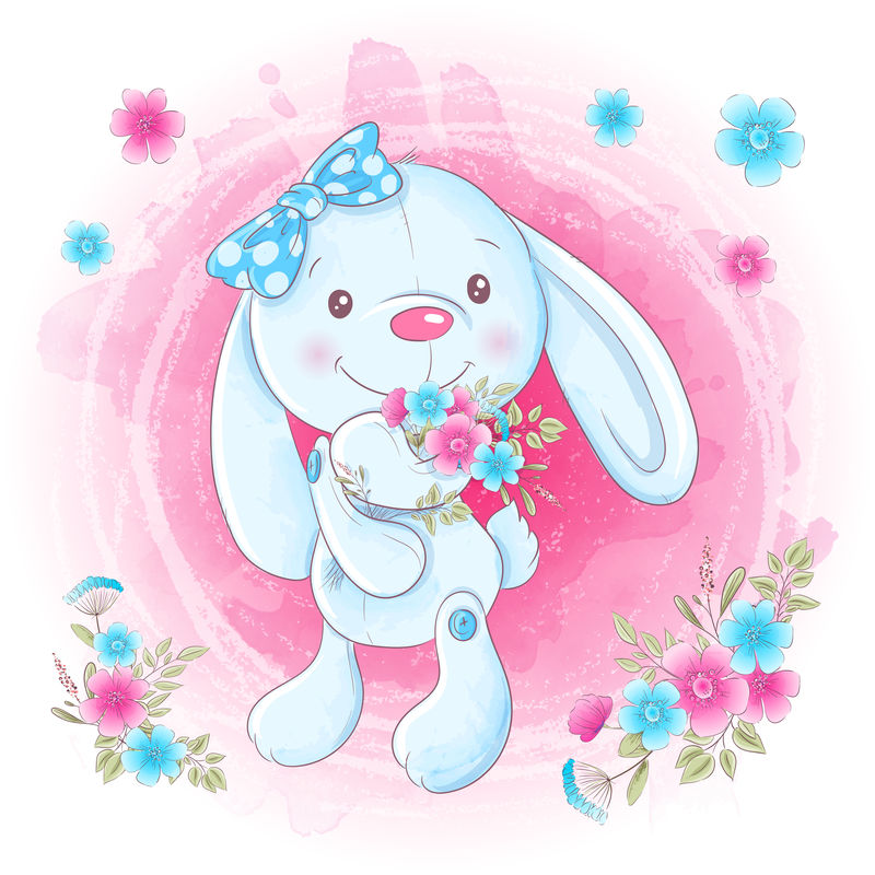 有花的卡通可爱小兔子女孩。矢量图解