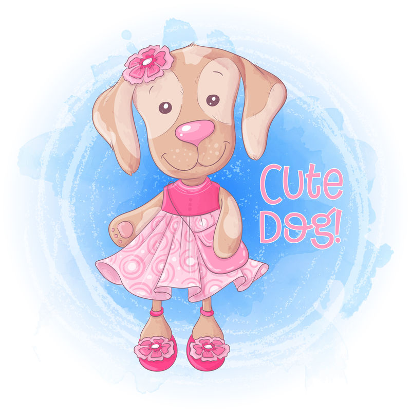 卡通可爱的小狗狗，带着一个粉红色连衣裙的手提包。矢量图解