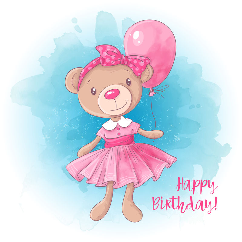 卡通可爱的小熊和气球。生日卡。矢量图解