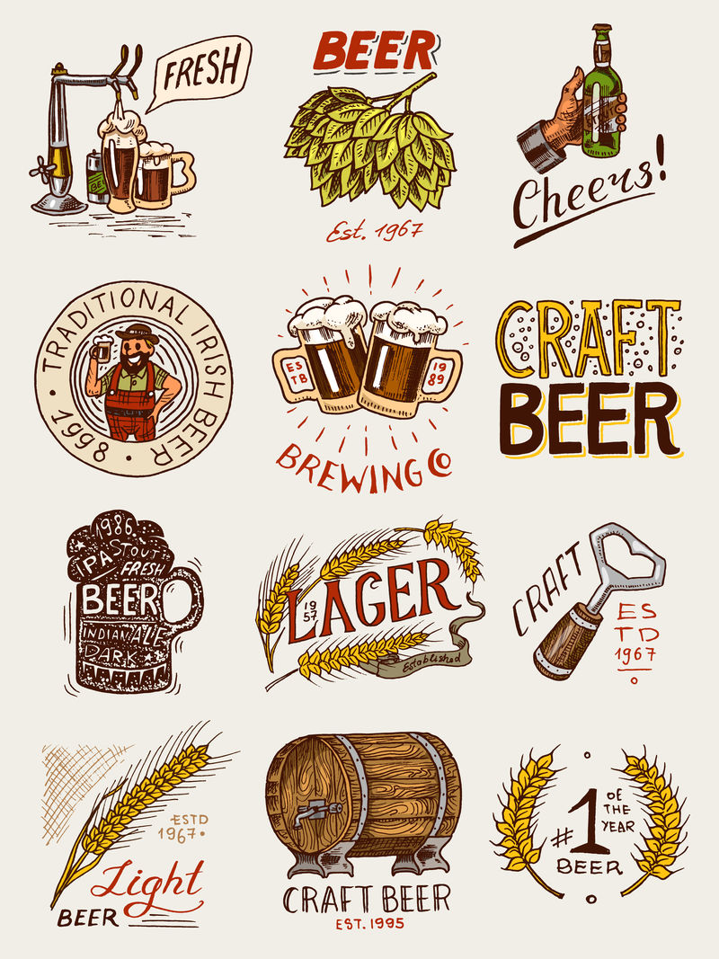 经典啤酒徽章-带有书法元素的酒精标签-经典的美国海报横幅框架-干杯-干杯-手绘雕刻素描字体-用于网页-酒吧菜单