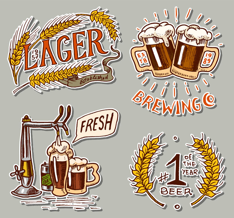 一套彩色标志、图标、标志、徽章、标签和啤酒-酒吧、酒吧、啤酒节的模板设计-啤酒杯和小麦-矢量