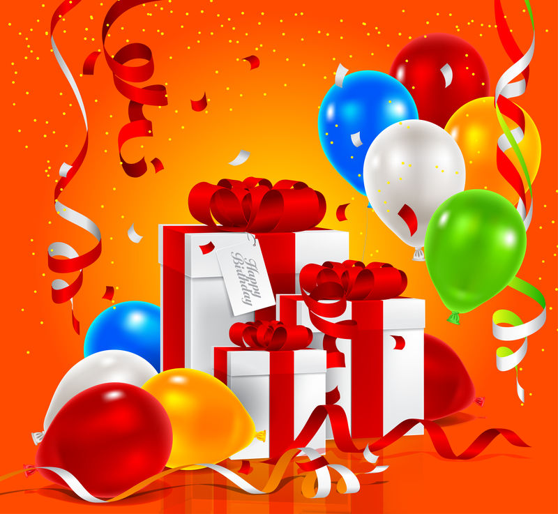 矢量插图节日背景生日礼物和气球与五彩纸屑