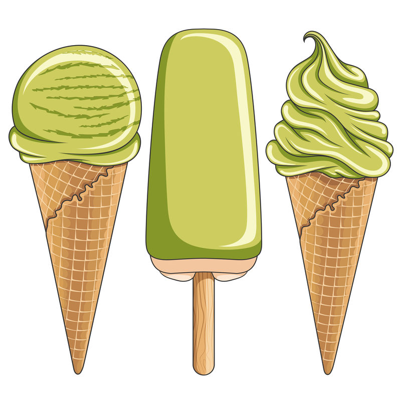 一套彩色插图和美味的开心果冰淇淋-白色背景上的孤立矢量对象