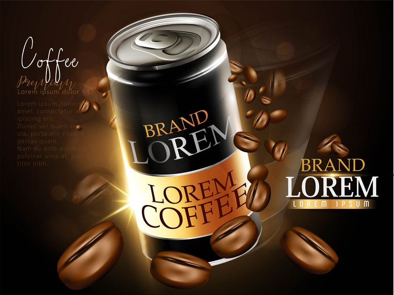 咖啡杯配咖啡豆广告-热阿拉比卡咖啡的3D插图-产品纸袋包装设计-砖背景-矢量
