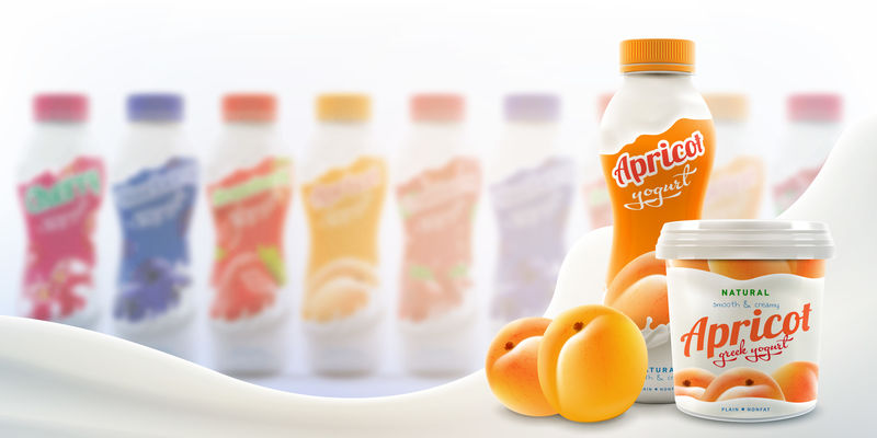 杏饮料酸奶瓶与希腊酸奶罐和生杏水果在明亮的背景下-许多瓶子和牛奶波-准备品牌和商业用途-传单现实的插图