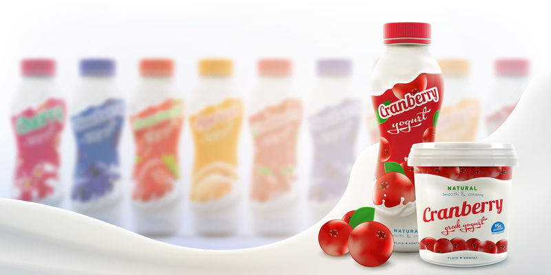 蔓越莓饮料酸奶瓶-带有希腊酸奶罐和生蔓越莓浆果-在许多瓶子和牛奶波的明亮背景下-准备好品牌和商业用途-传单现实插图
