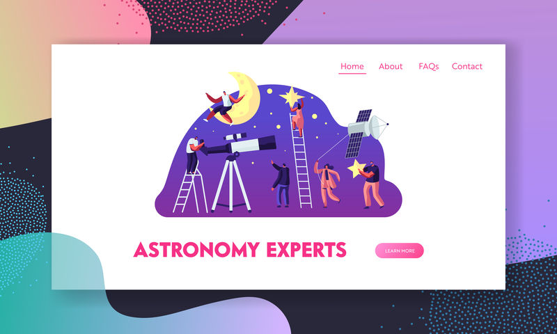 天文学科学网站登陆页，人们在望远镜上观看月球和恒星，研究太空，宇宙探索，卫星，教育网页。卡通平面矢量插图，横幅