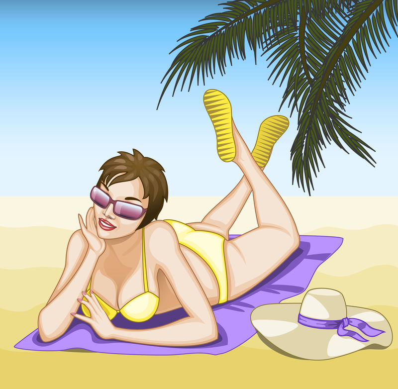 戴着太阳镜的短发女人在棕榈树下的海滩上享受阳光