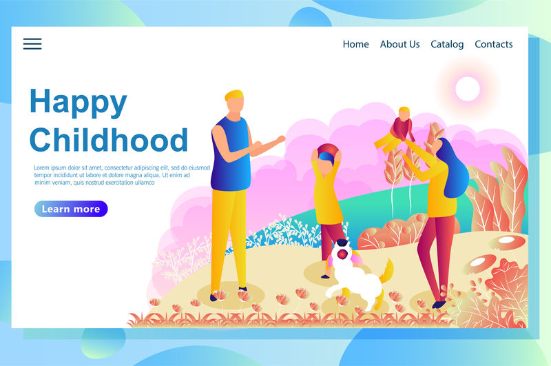 网页设计模板显示一对快乐的夫妇在草坪上和孩子们玩耍。
