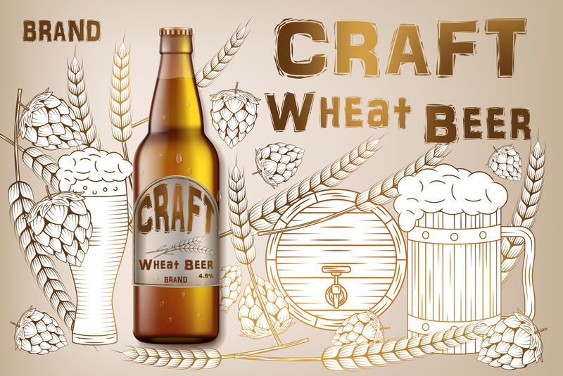 手工小麦啤酒广告设计。原汁原味的麦芽瓶装啤酒，采用复古风格，原料包括乳清、啤酒花和酒桶。矢量三维图解