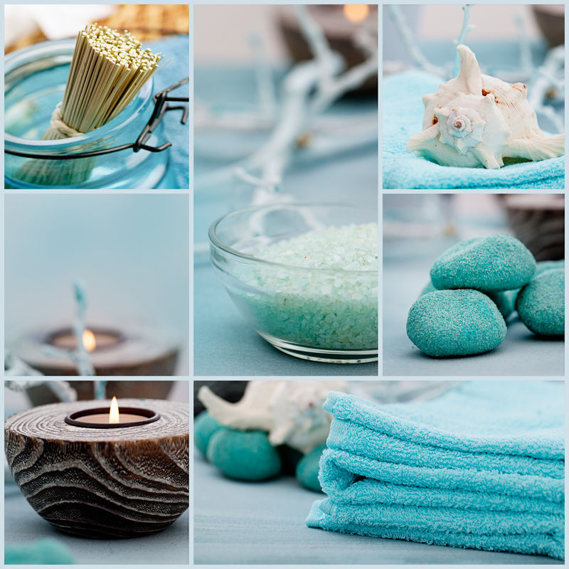 温泉拼贴系列-SPA拼贴画五幅图像-花水、浴盐、蜡烛和毛巾