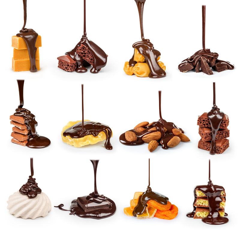 在饼干、巧克力、水果、坚果上-在白色背景上倾注巧克力系列