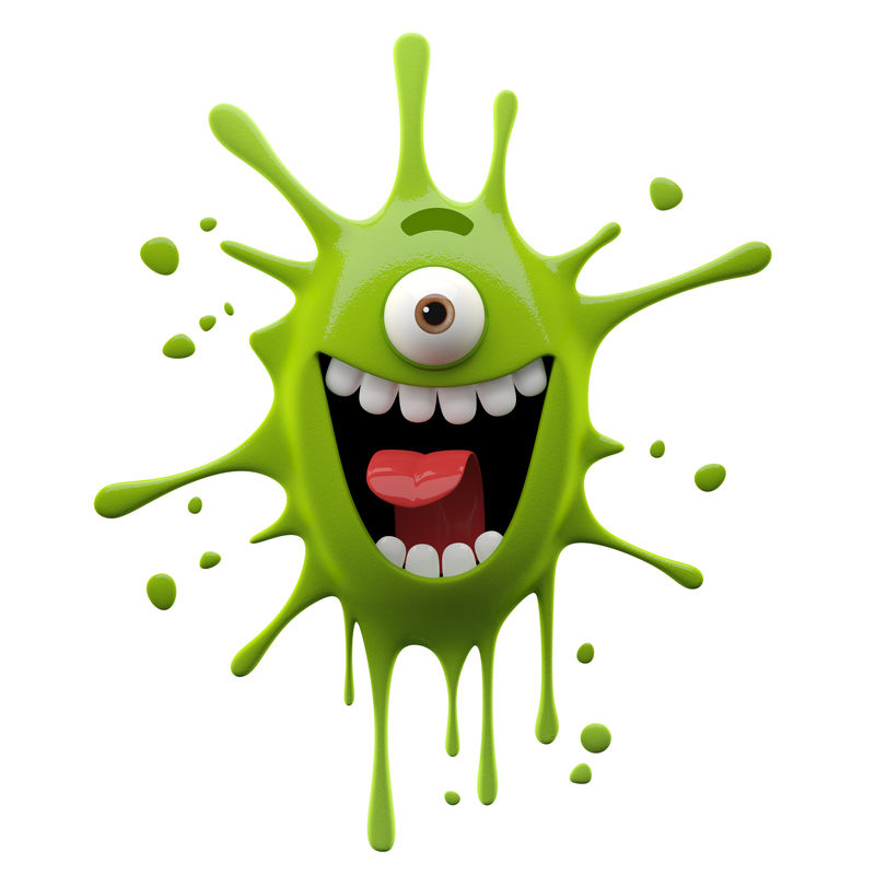 3D疯狂怪兽-单眼-幽默的广告补充隔离在白色背景上-供作物和免费使用-有色细菌-可爱的笑脸-飞溅-快乐的污渍