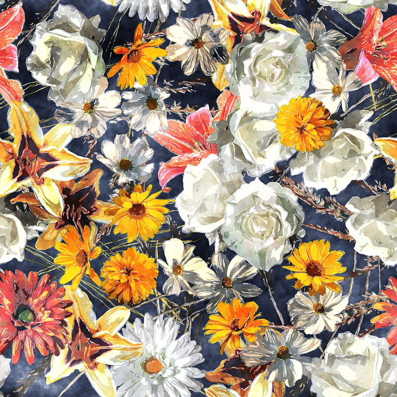 艺术复古水彩花卉无缝图案-蓝色背景上有白色、金黄色和红色玫瑰、百合和非洲菊