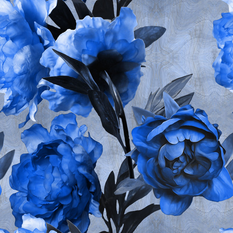 艺术复古单色水彩花卉无缝图案蓝色背景牡丹