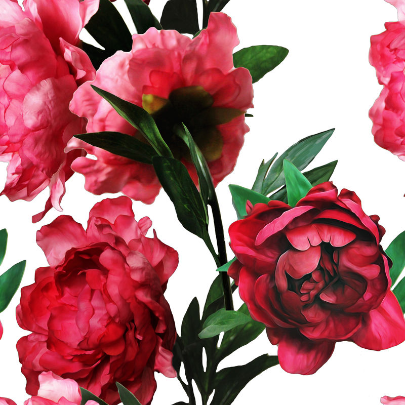 艺术复古单色水彩花卉无缝图案-白底红牡丹