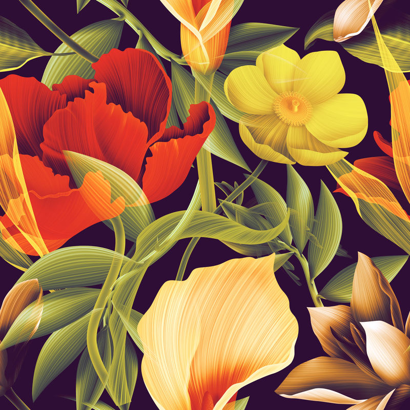 无缝热带花卉-植物图案背景-夏威夷、加利福尼亚、佛罗里达夏季风格