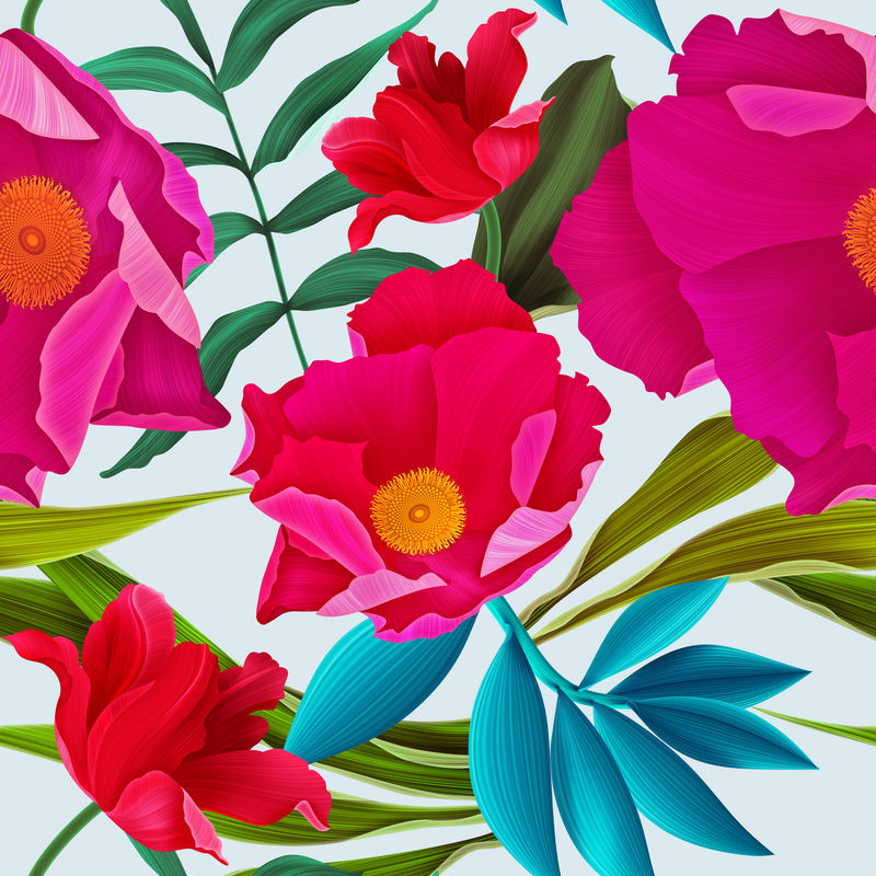 无缝热带花卉-植物图案背景