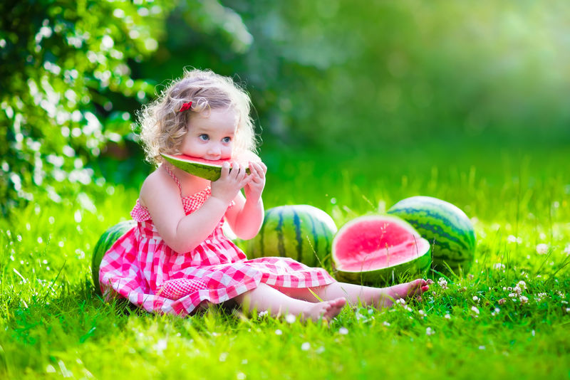 菜园里吃西瓜的孩子-孩子们在户外吃水果-儿童保健零食-小女孩在花园里抱着一片西瓜玩耍-孩子园艺