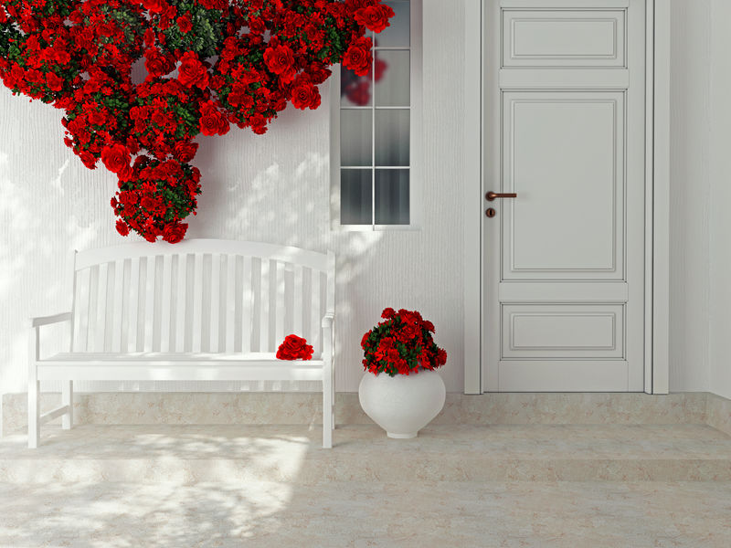 木制白色门前视图-美丽的红玫瑰和门廊上的长凳-房屋的外部