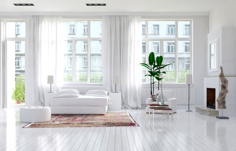 宽敞的单色白色卧室-带壁炉、双人床和大视窗-豪华公寓内有优雅的长窗帘-3D渲染