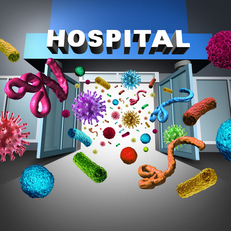 医院细菌传播和超级细菌和细菌细胞漂浮在微观空间-是医疗机构或医生检查办公室细菌病风险的医学概念