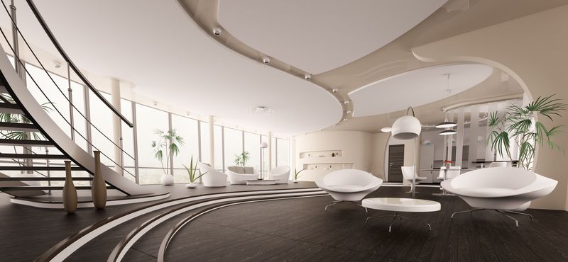 现代住宅内部客厅厨房大厅全景3D渲染