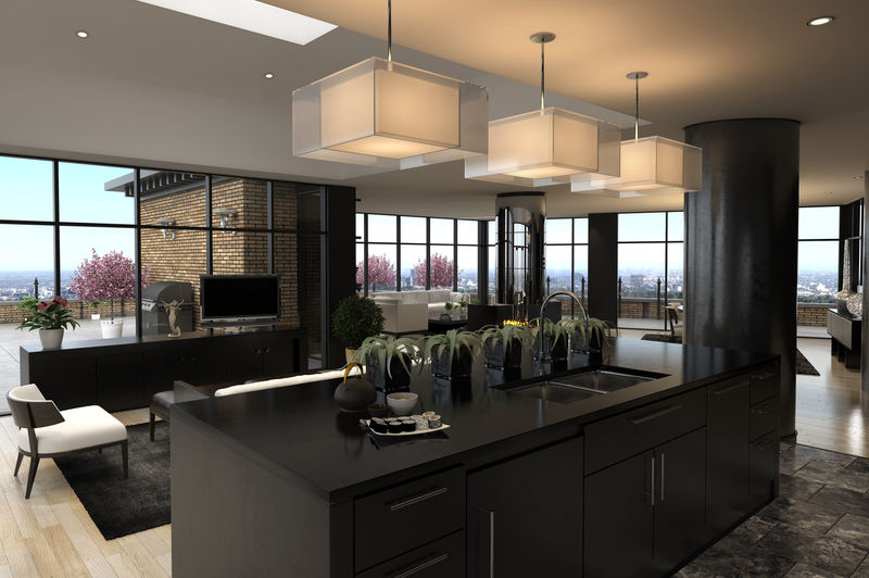 现代白色厨房-木质和灰色细节-极简室内设计-3D插图