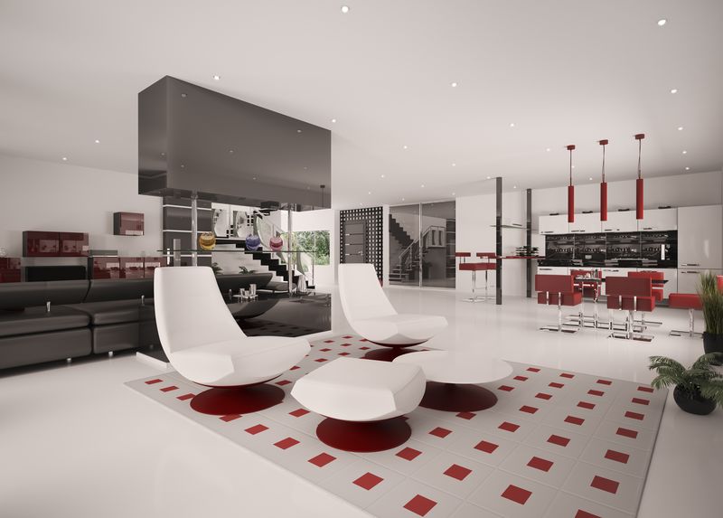 现代公寓起居室厨房内部3D渲染