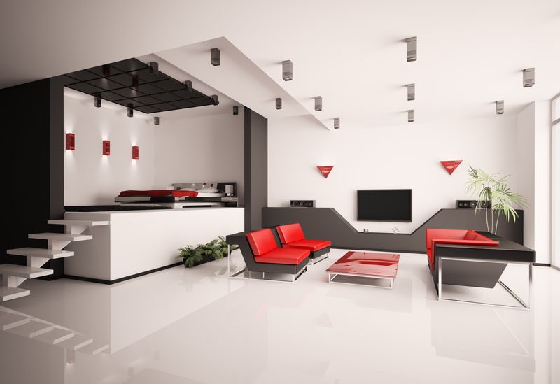 现代公寓与客厅和卧室内部三维