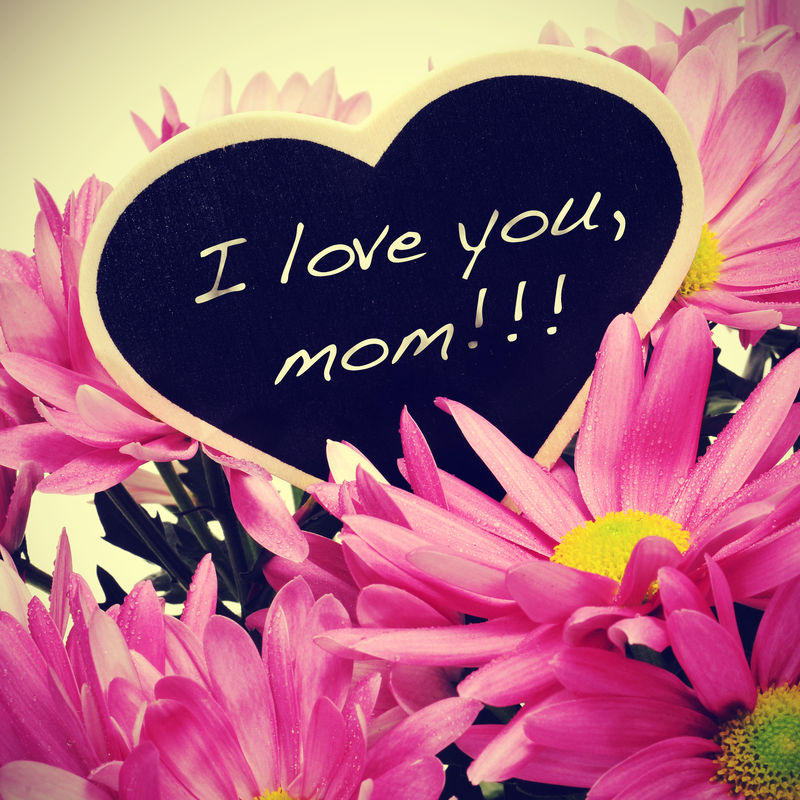 句子我爱你-妈妈用粉笔写在心形黑板上的一束粉色菊花上-具有复古的效果