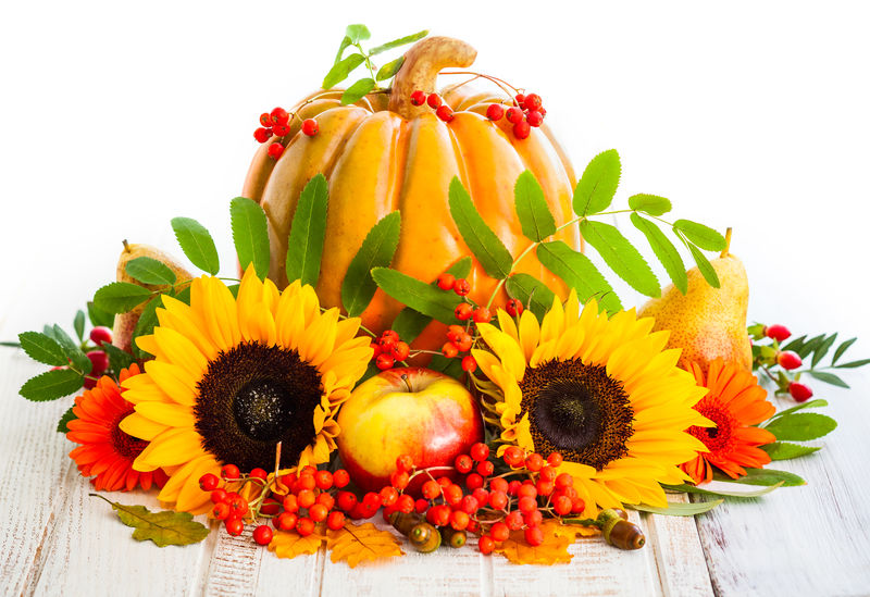 秋天的静物生活-有季节性的水果、蔬菜和鲜花