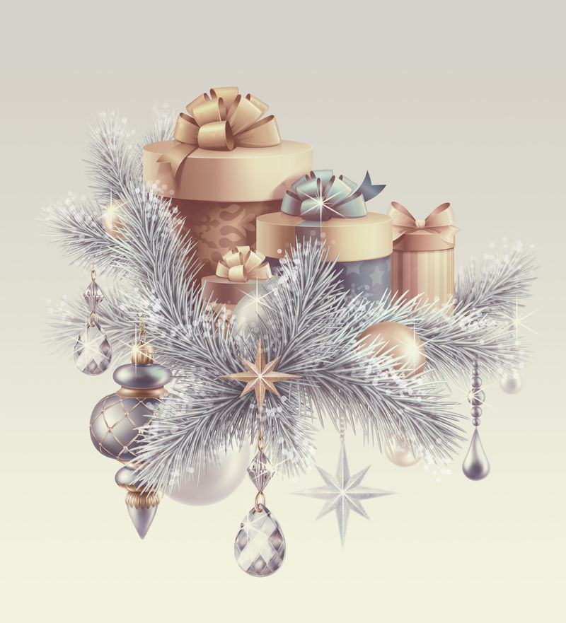 复古礼品盒和圣诞树装饰品、寒假背景、新年贺卡