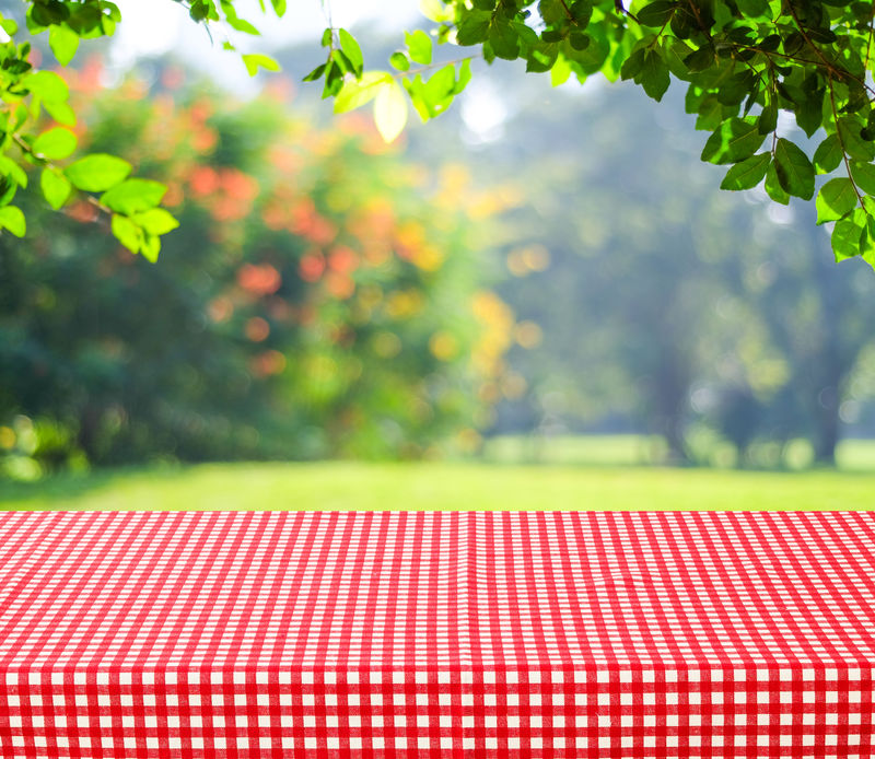 食物背景、带桌布的野餐桌、模糊绿色自然户外背景上的产品展示、桌面、白色和红色图案服装的书桌盖和模糊的花园