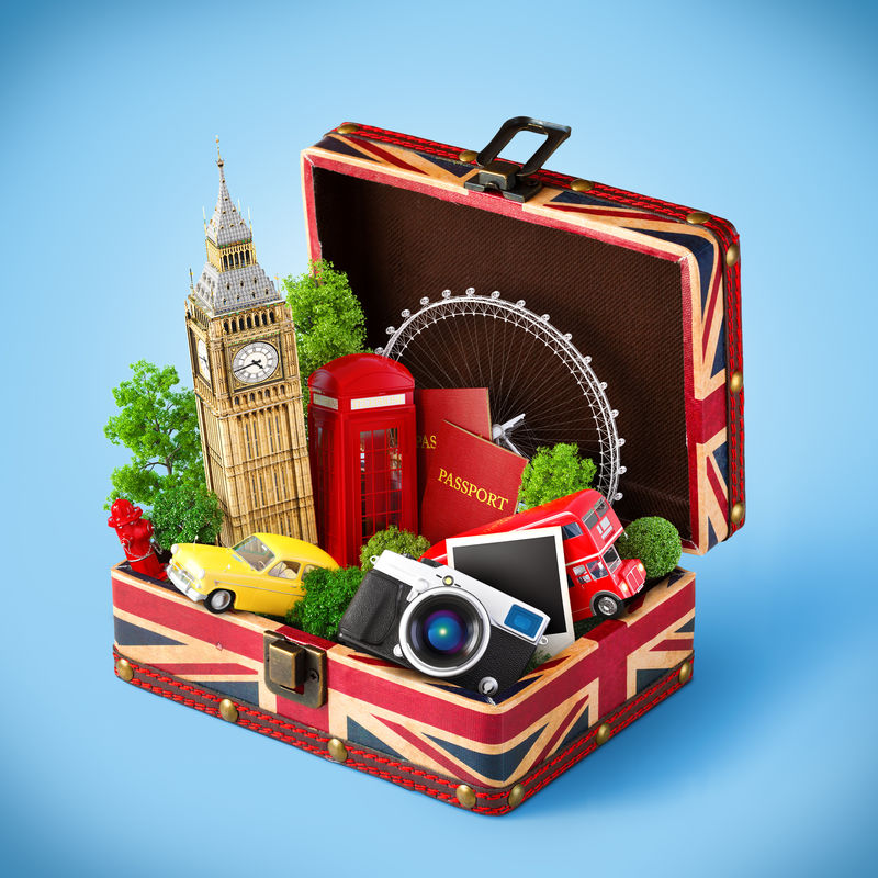 打开盒子-里面有英国国旗和伦敦著名的纪念碑-与众不同的旅行理念
