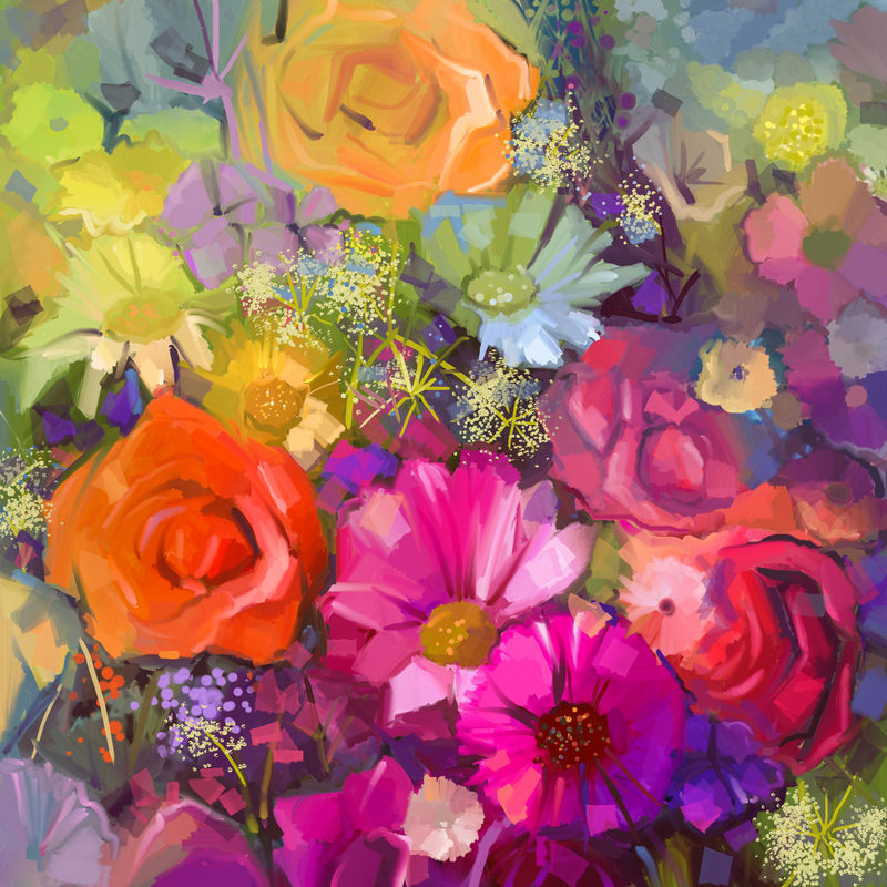 黄色和红色花朵的静物画-油画上的一束玫瑰、雏菊和非洲菊花-手绘花卉印象派风格