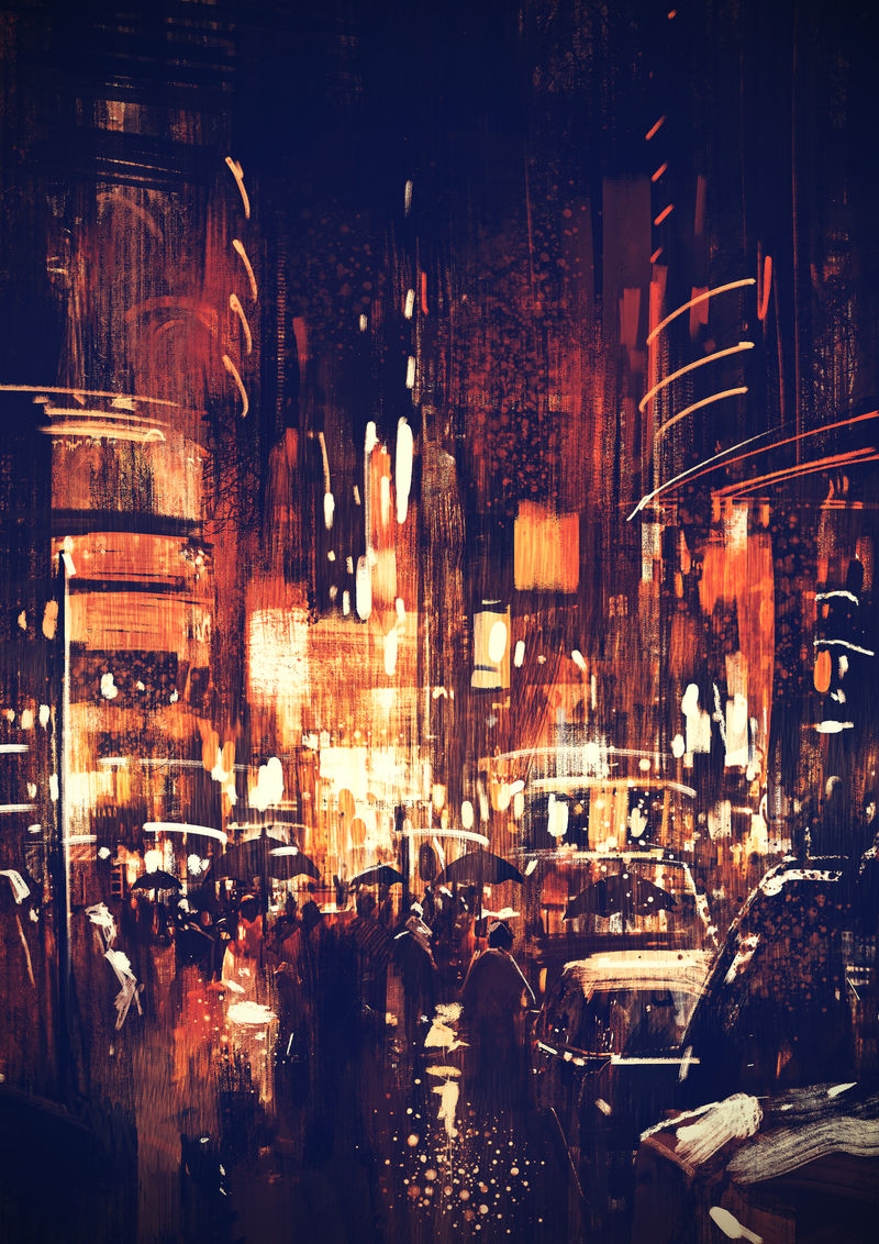 夜晚城市街道的数码绘画-彩色灯光-复古风格-插图