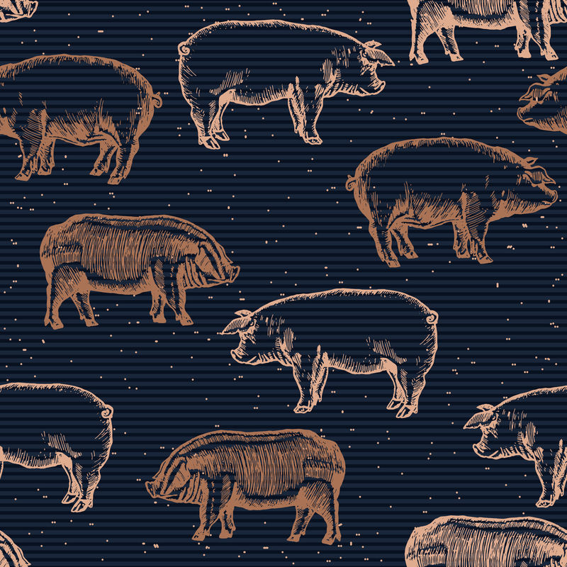 猪无缝图案猪场背景手绘矢量