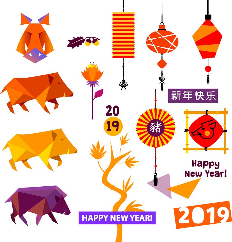 纸艺与猪低聚-土猪象征中国2019年新年-象形文字表示新年快乐-设计卡通风格的灯笼