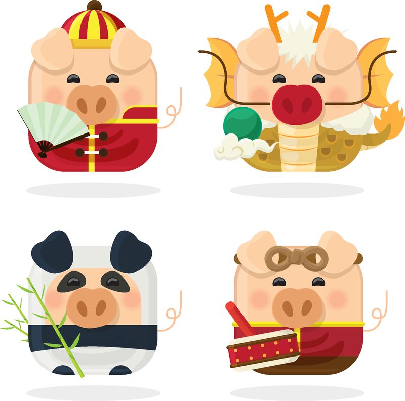 图标集四猪和2019年中国新年与可爱的小猪卡通人物在白色背景隔离