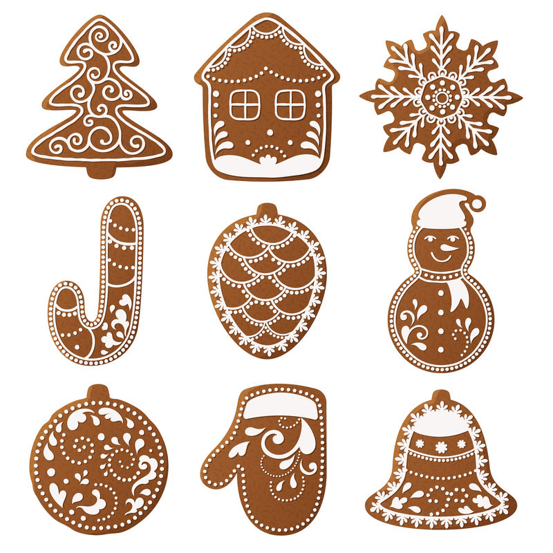 一套圣诞姜饼装饰饼干-圣诞树-雪花-礼物-寒假-矢量图EPS10