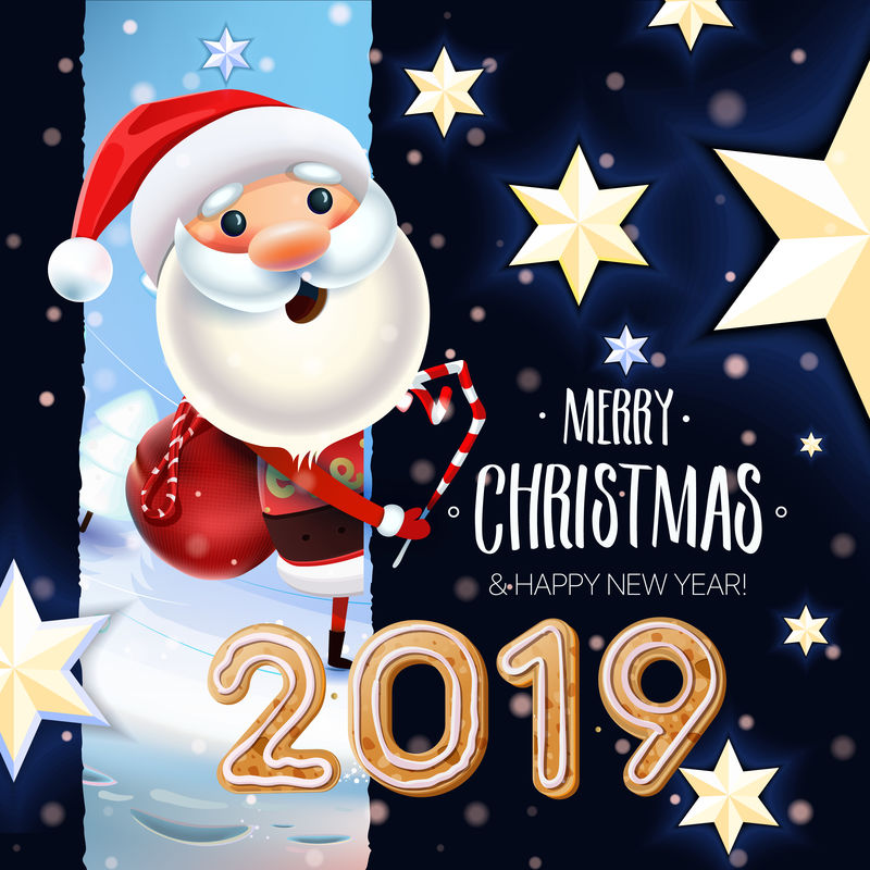 2019新年和圣诞快乐标志-圣诞老人在冬天的背景与礼物-圣诞玩具-星星-糖果-糖果和圣诞饼干-海报卡片装饰节日背景-温特