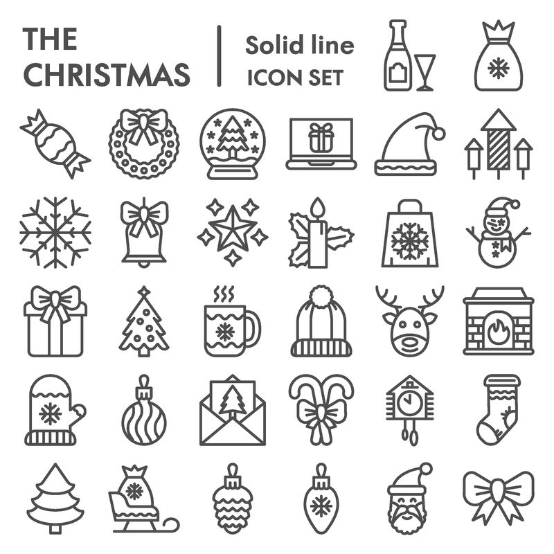 圣诞线图标集-庆典符号集-矢量草图-标志插图-冬季标志-白色背景上的线性象形图包-EPS 10